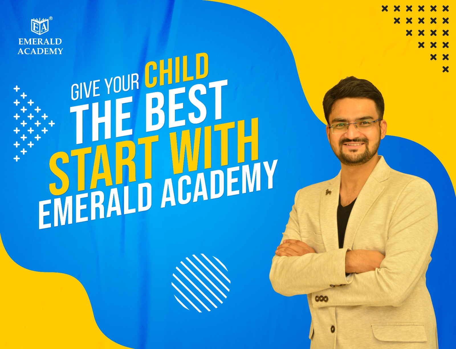 Professional smiling instructor standing confidently in a modern studio setting with blue background.