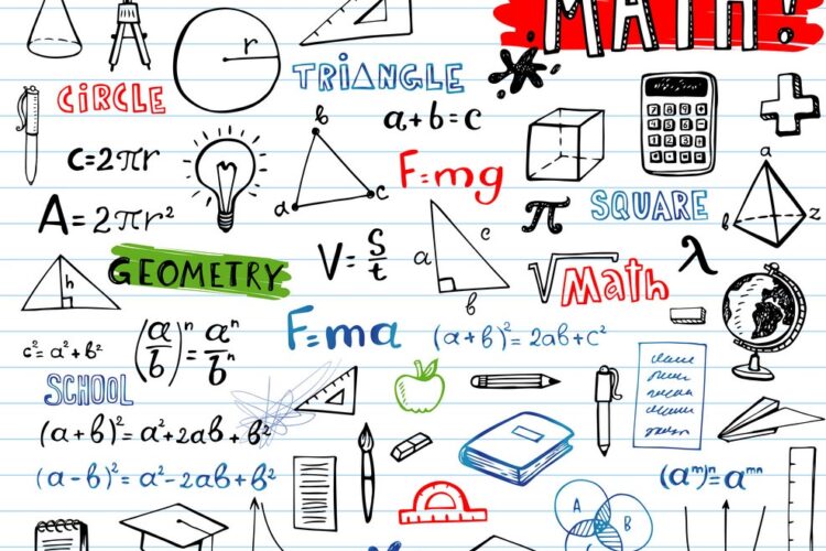 Freehand drawing school mathematics symbols on a sheet of exercise book. Back to School.