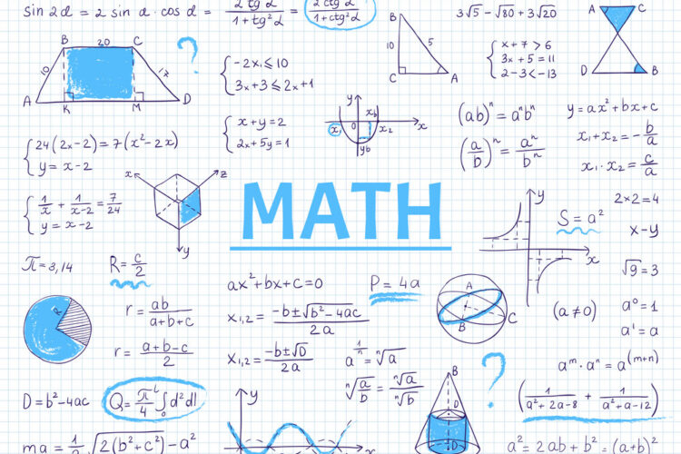 Doodle math. Algebra and geometry school equation and graphs, hand drawn physics science formulas. Vector image formulas education sketch for student homework